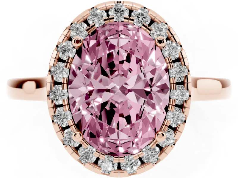 Fancy Pink Oval Cut Halo Round Diamond Solitaire Ring Set in Rose gold with Pavé Band and Prong Setting