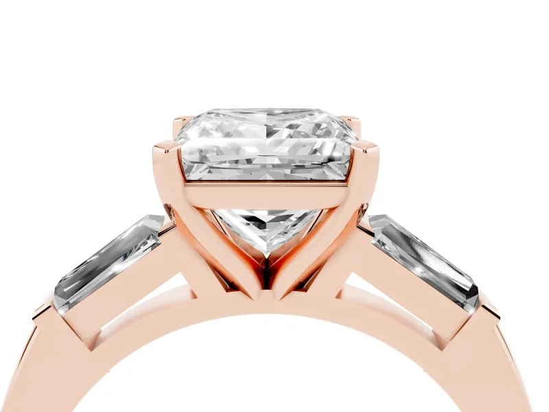 Princess Cut Three Stone Engagement Ring Setting | Tapered Baguettes | Rose Gold