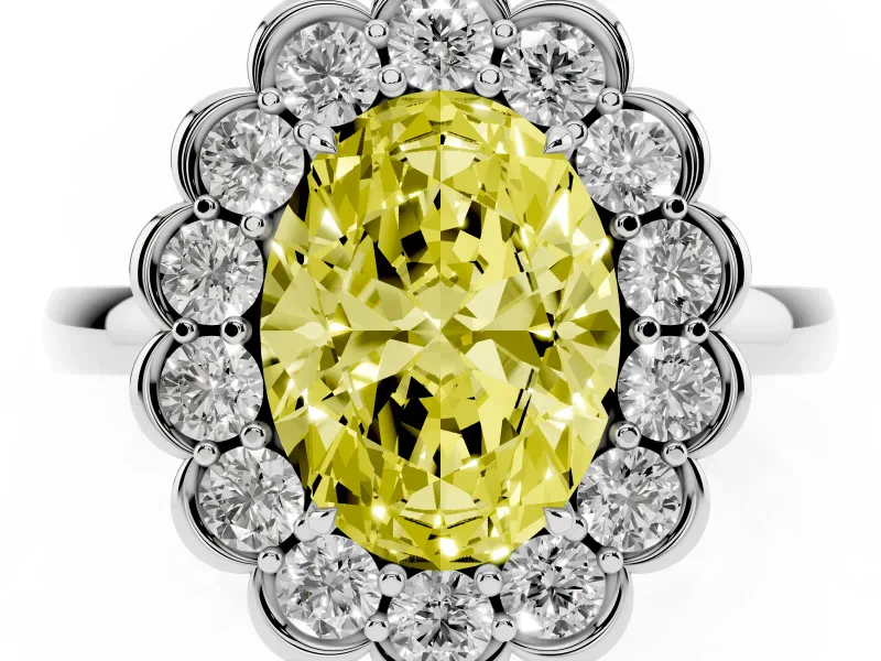 Oval Scalloped Cluster Halo Engagement Ring Setting for a Fancy Yellow Lab-Grown Diamond | Plain Band | Sterling Silver