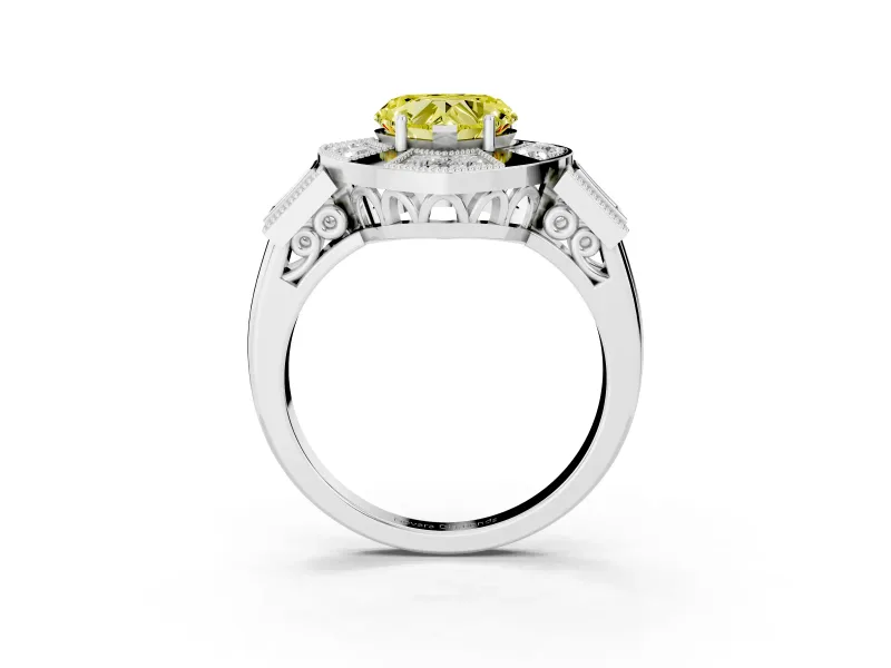 Fancy Yellow Heart Cut Diamond Milgrain Halo Ring Set in Silver with Split Shank