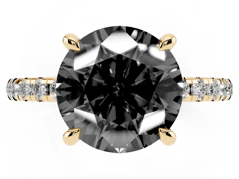 Round Petite Pavé Solitaire Engagement Ring Setting for a Black Center | Slim Band | Yellow Gold