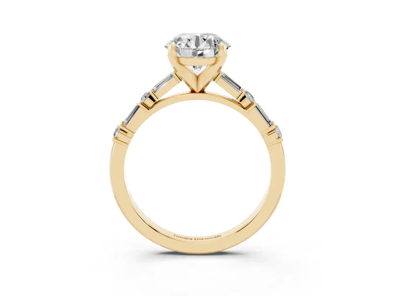 Round Baguette Side Stone Engagement Ring Setting | Alternating Accents | Yellow Gold