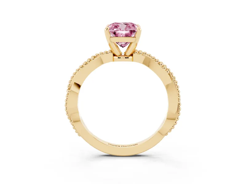 Fancy Pink Cushion Cut Diamond Solitaire Ring Set in Yellow gold with Twisted Band and Bead Prong Setting