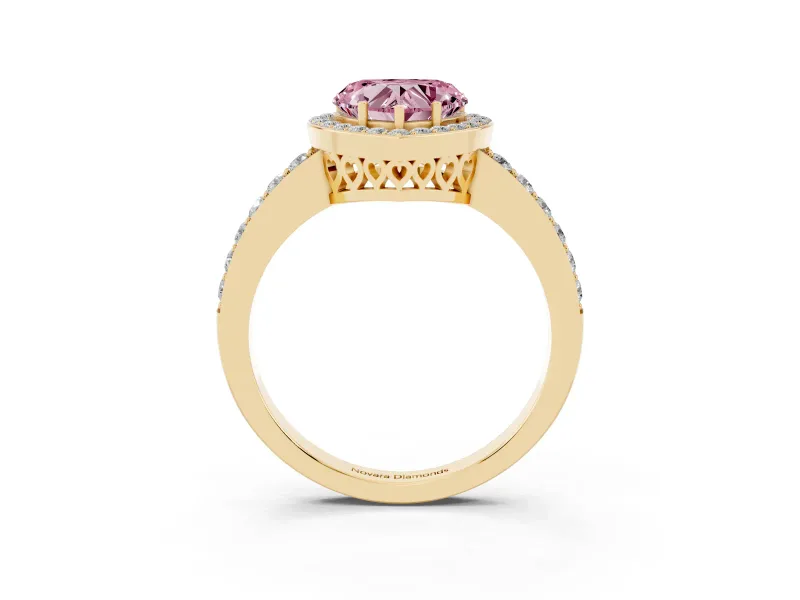 Fancy Pink Heart Cut Diamond Halo Ring Set in Yellow gold with Pavé-Setting Band and Open Prong Center