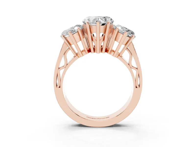 Heart-Shaped Three Stone Engagement Ring Setting | Beaded Shoulders | Rose Gold