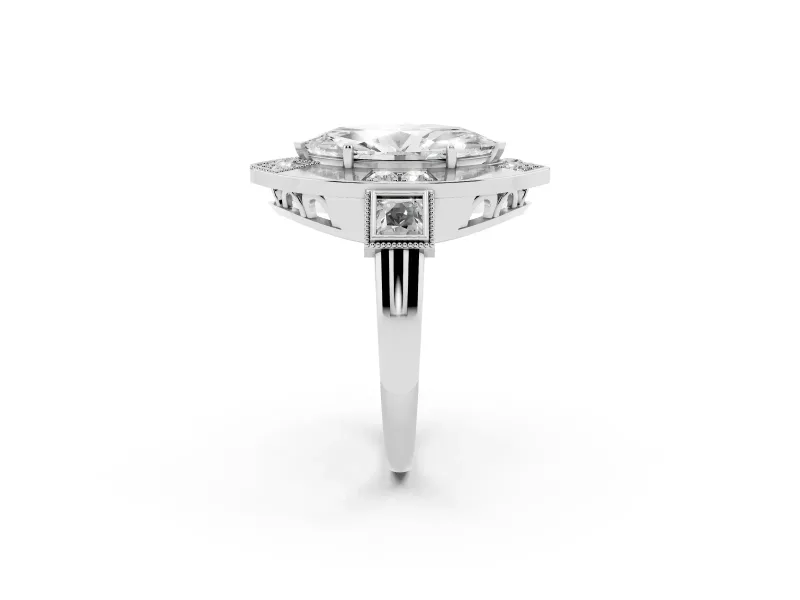 Marquise Cut Diamond Milgrain Halo Ring Set in White gold with Split Shank