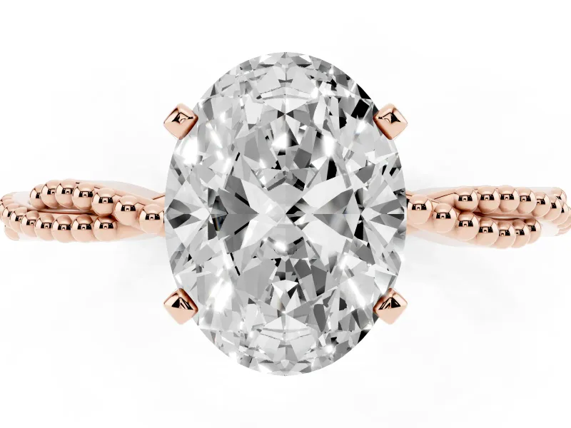 Oval Cut Diamond Solitaire Ring Set in Rose gold with Twisted Band and Bead Prong Setting