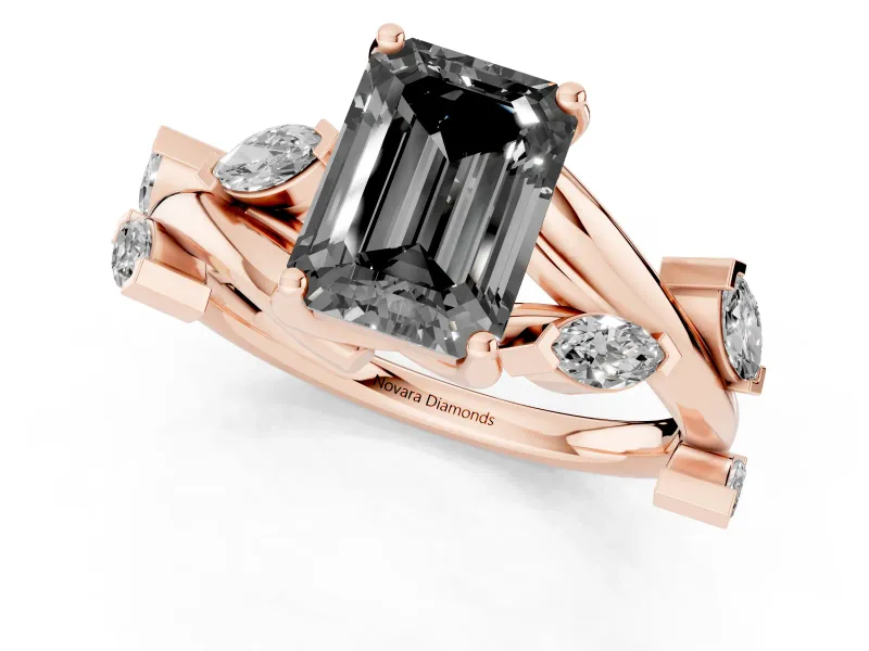 Emerald Cut Twisted Vine Engagement Ring Setting for a Black Center | Marquise Leaves | Rose Gold