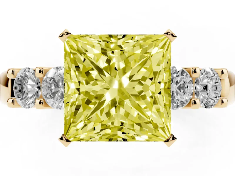 Fancy Yellow Princess Cut Diamond Five-Stone Prong Set Engagement Ring Set in Yellow gold with Channel Band