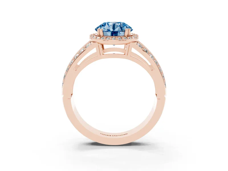 Round Halo Engagement Ring Setting for a Fancy Blue Lab-Grown Diamond | Split Shank | Rose Gold