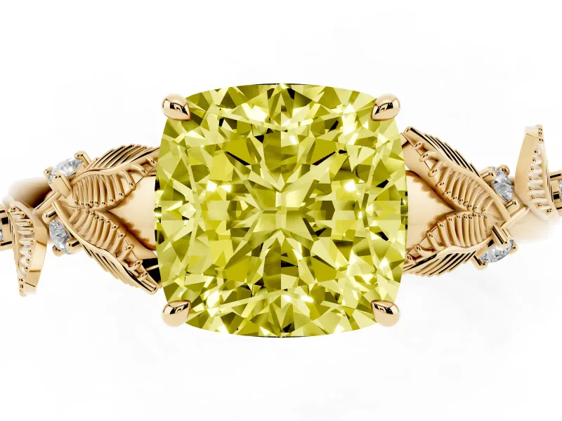 Cushion Cut Leaf Engagement Ring Setting for a Fancy Yellow Lab-Grown Diamond | Yellow Gold