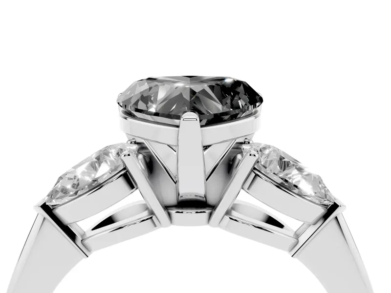Fancy Black Three-Stone Heart Cut Diamond Ring Set in Silver with Pear Side Stones and Prong Setting