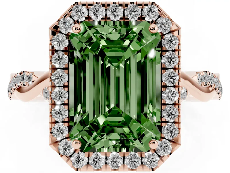 Emerald Cut Twist Halo Engagement Ring Setting for a Fancy Green Lab-Grown Diamond | Rose Gold