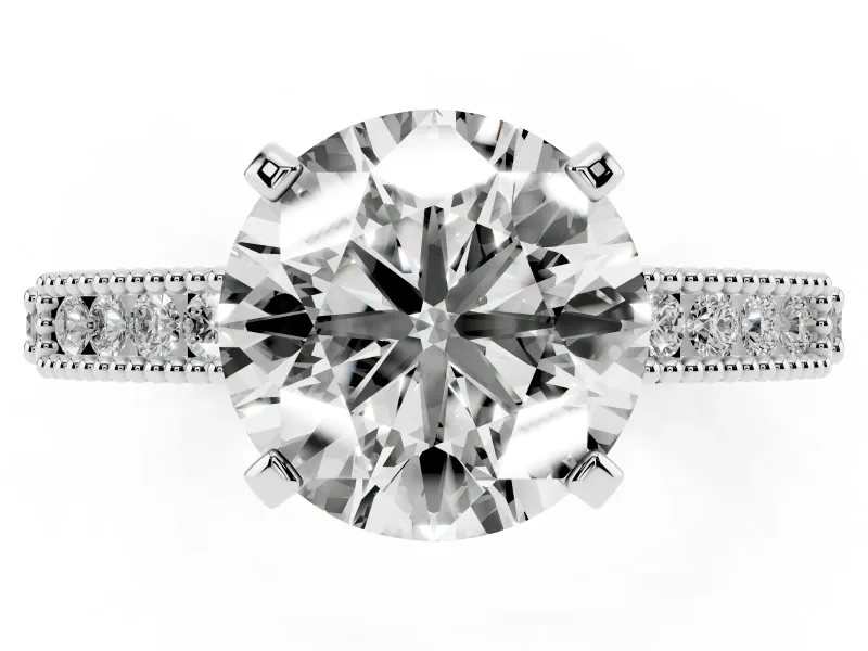 Round Vintage Pavé Solitaire Engagement Ring Setting | Milgrain Edges | White Gold