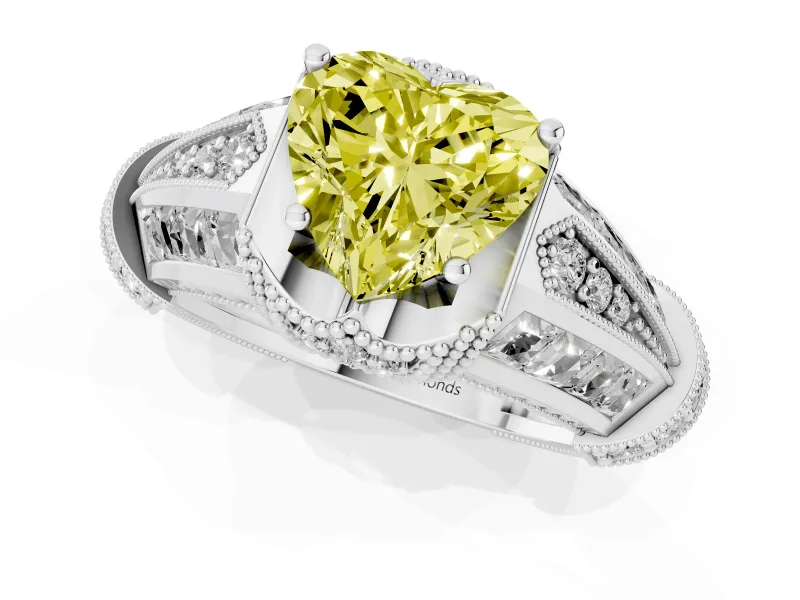 Fancy Yellow Heart Cut Diamond Vintage-Inspired Milgrain Ring Set in Platinum with Accent Split Shank
