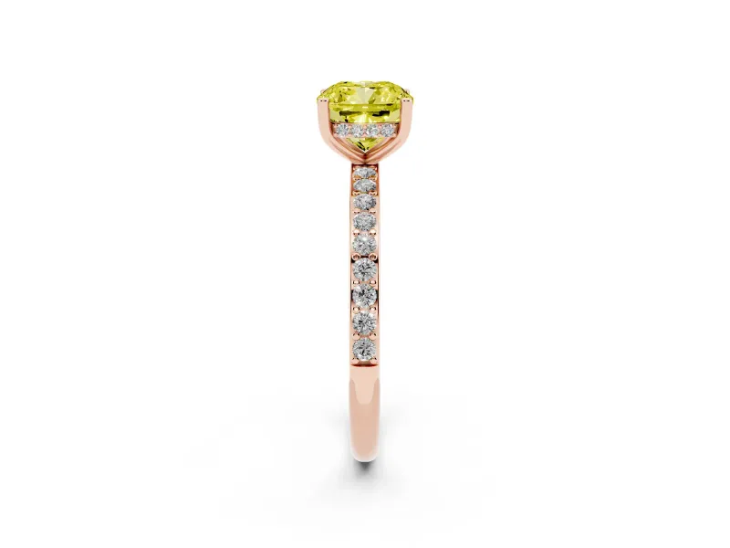 Fancy Yellow Cushion Cut Diamond Pavé Band Ring Set in Rose gold with Prong-Set Center Stone
