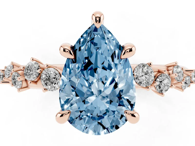 Fancy Blue Pear Cut Diamond Solitaire Vine Band Ring Set in Rose gold with Round Accents and Prong Setting