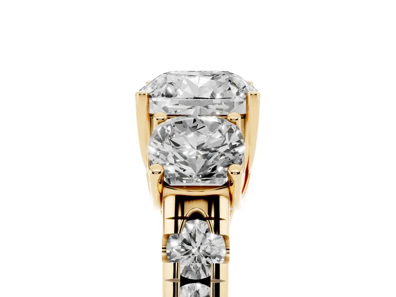 Cushion Cut Three Stone Engagement Ring Setting | Accented Shoulders | Yellow Gold