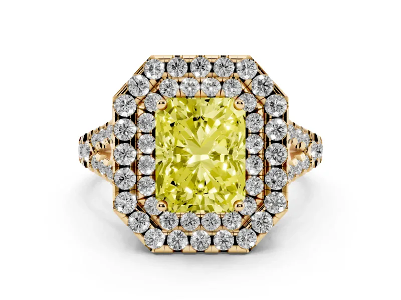 Fancy Yellow Radiant Cut Diamond Double Halo Ring Set in Yellow gold with Pavé Split Shank and Prong Setting