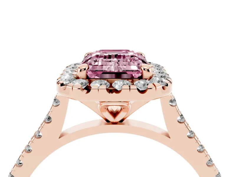 Emerald Cut Halo Engagement Ring Setting for a Fancy Pink Lab-Grown Diamond | Tapered Band | Rose Gold
