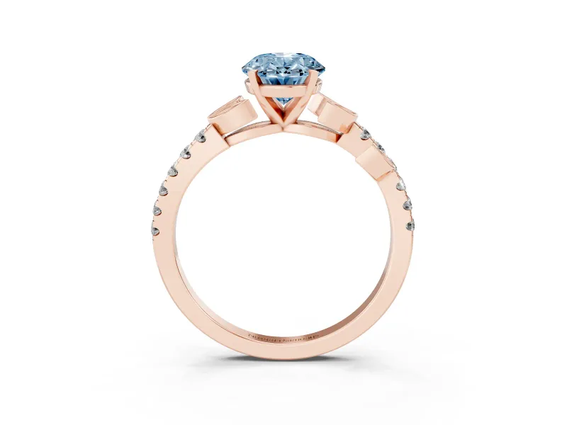 Fancy Blue Oval Cut Diamond Solitaire Leaf-Inspired Ring Set in Rose gold with Pavé Band and Prong Setting