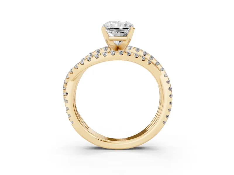 Radiant Cut Twisted Pavé Solitaire Engagement Ring Setting | Three-Strand Band | Yellow Gold