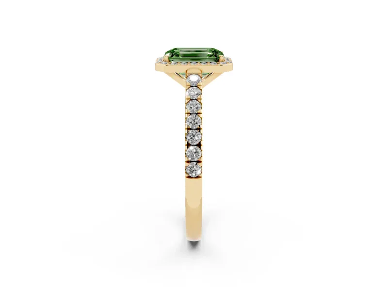 Fancy Green Emerald Cut Diamond Halo Engagement Ring Set in Yellow gold with Pavé Band and Prong Setting