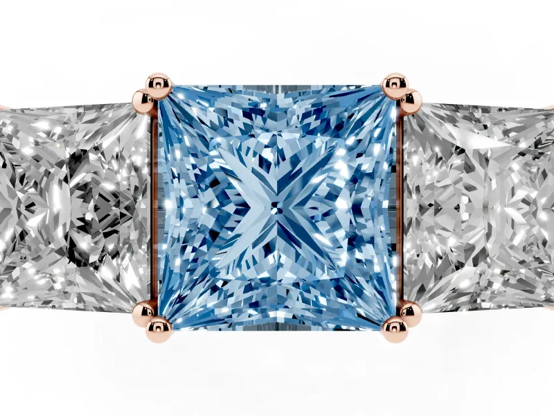 Princess Cut Three Stone Engagement Ring Setting for a Fancy Blue Lab-Grown Diamond | Beaded Shoulders | Rose Gold