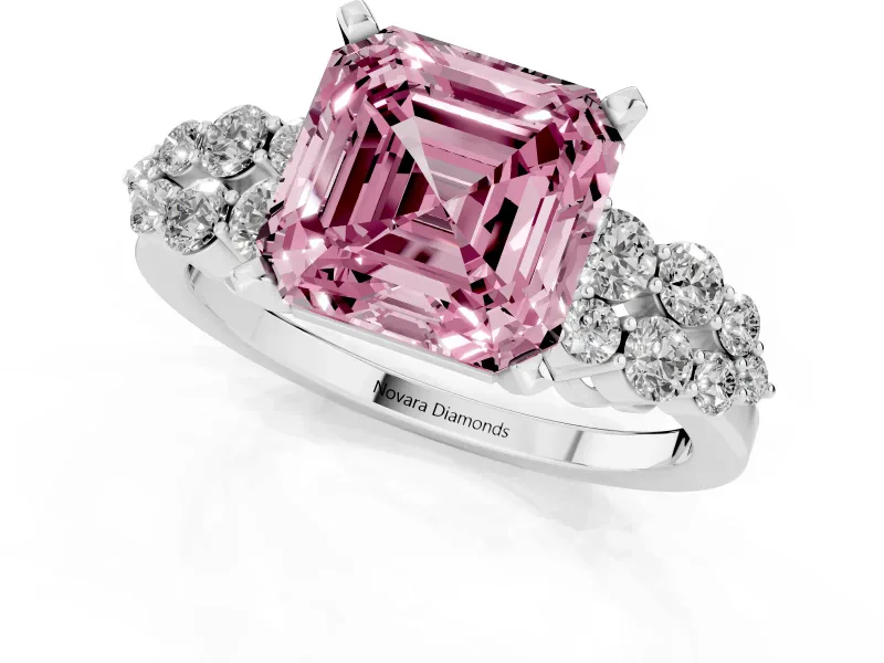 Fancy Pink Asscher Cut Diamond Cluster Engagement Ring Set in Silver with Pavé Band and Prong Setting