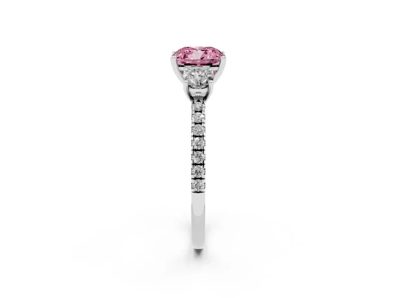 Cushion Cut Three Stone Engagement Ring Setting for a Fancy Pink Lab-Grown Diamond | Pave Shoulders | Sterling Silver
