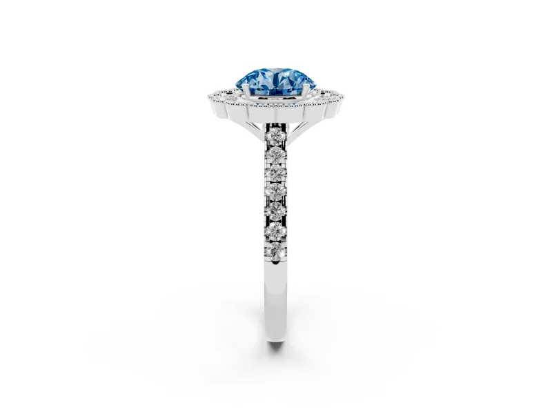 Fancy Blue Round Cut Diamond Milgrain Floral Halo Engagement Ring Set in White gold with Pavé Band