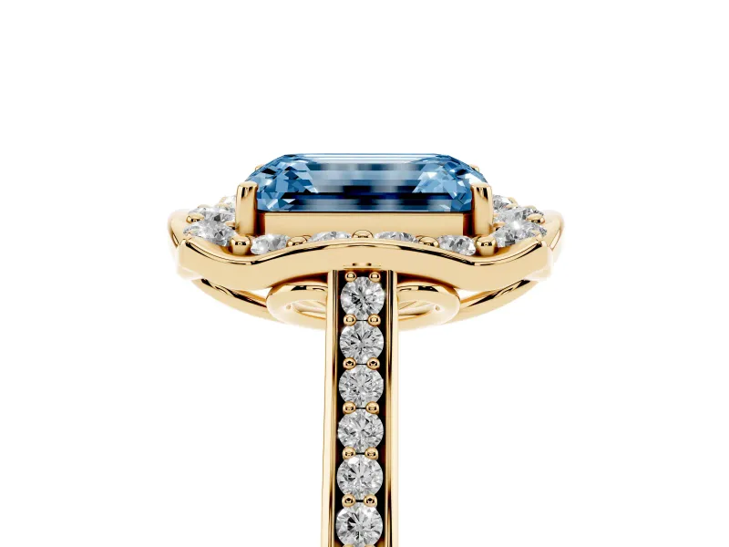 Emerald Cut Petal Tip Halo Engagement Ring Setting for a Fancy Blue Lab-Grown Diamond | Pavé Band | Yellow Gold