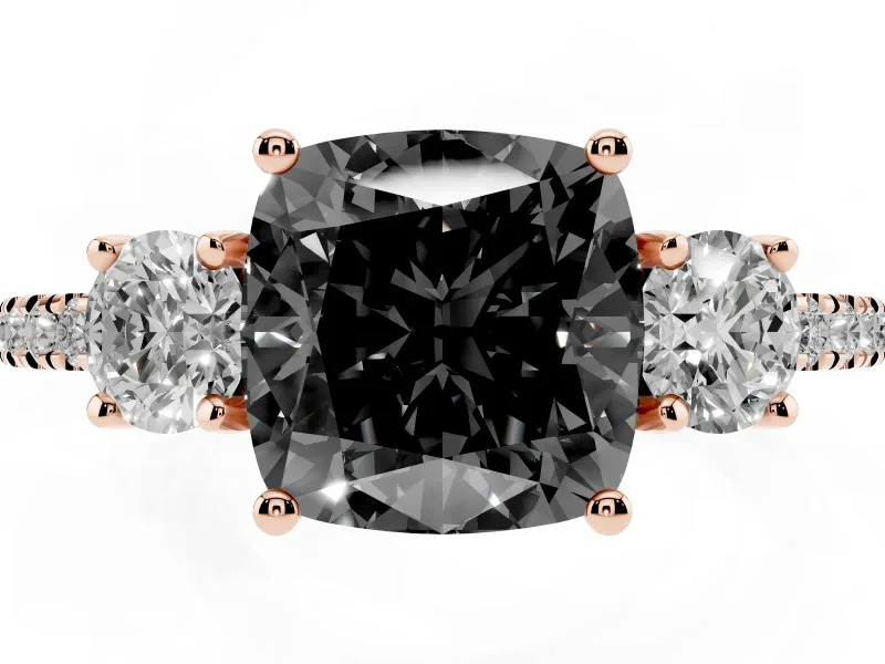 Cushion Cut Three Stone Engagement Ring Setting for a Black Center | Pavé Shoulders | Rose Gold