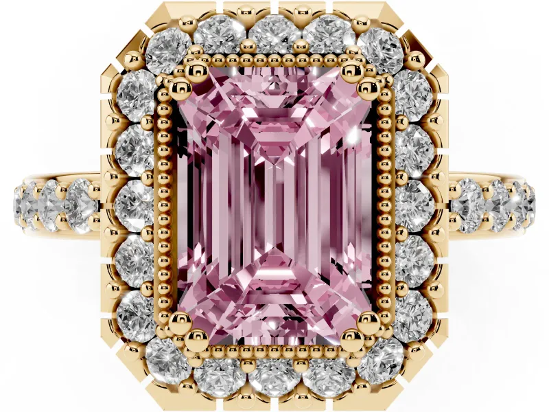 Emerald Cut Milgrain Halo Engagement Ring Setting for a Fancy Pink Lab-Grown Diamond | Pavé Shoulders | Yellow Gold