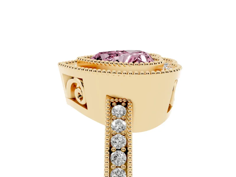 Fancy Pink Heart Cut Diamond Round Halo Ring Set in Yellow gold with Pavé Band