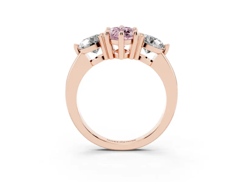 Fancy Pink Marquise Cut Diamond Three-Stone Ring Set in Rose gold with Prong Setting and Classic Band
