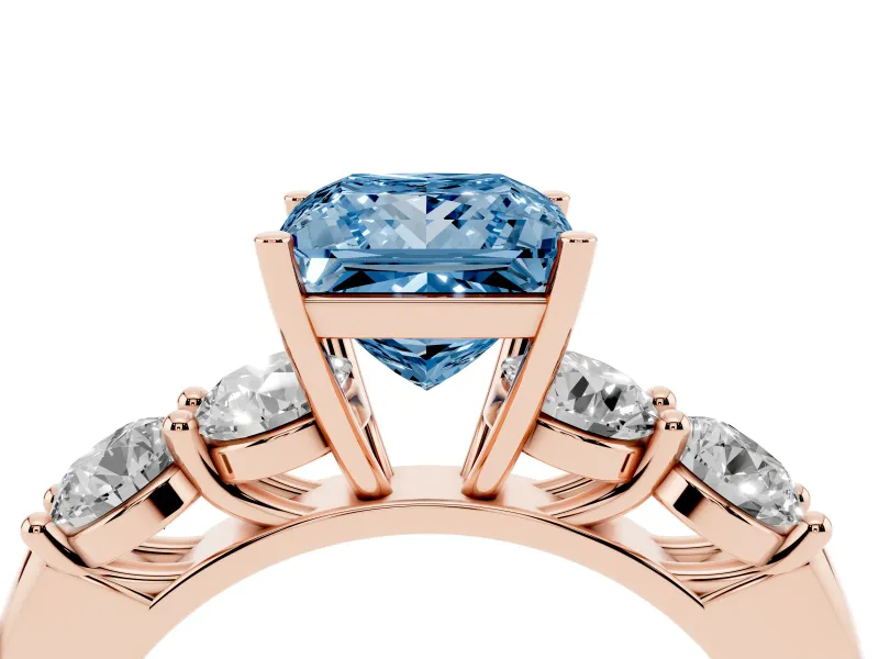 Princess Cut Five Stone Engagement Ring Setting for a Fancy Blue Lab-Grown Diamond | Prong Set Side Stones | Rose Gold