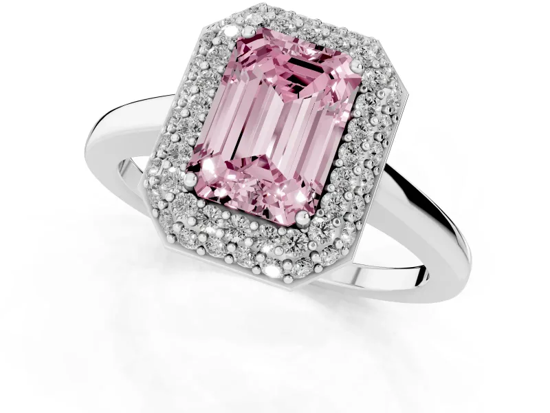 Fancy Pink Emerald Cut Diamond Halo Engagement Ring Set in White gold with Solitaire Band and Prong Setting
