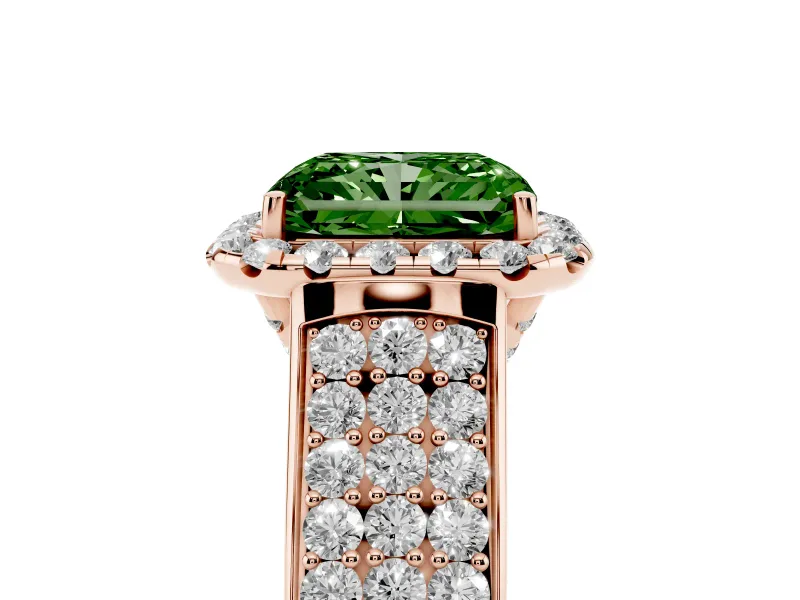 Radiant Cut Pavé Engagement Ring Setting for a Fancy Green Lab-Grown Diamond | Wide Three-Row Band | Rose Gold