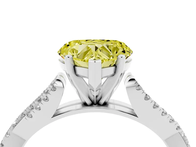 Fancy Yellow Heart Cut Diamond Solitaire Engagement Ring Set in White gold with Twisted Pavé Band and Prong Setting