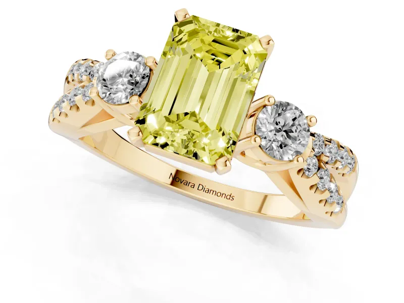 Fancy Yellow Emerald Cut Diamond Three-Stone Ring Set in Yellow gold with Pavé Split Shank and Prong Setting