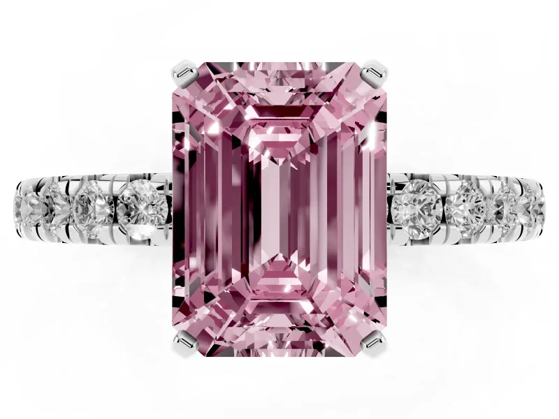 Fancy Pink Emerald Cut Diamond Pavé Solitaire Ring Set in White gold with Round Band and Prong Setting