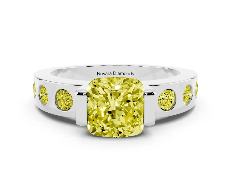 Fancy Yellow Cushion Cut Diamond Channel-Set Band Ring Set in White gold with Bezel Prong Setting
