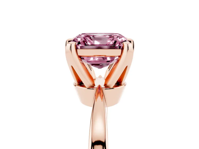 Fancy Pink Asscher Cut Diamond Solitaire Engagement Ring Set in Rose gold with Slim Tapered Solitaire Band