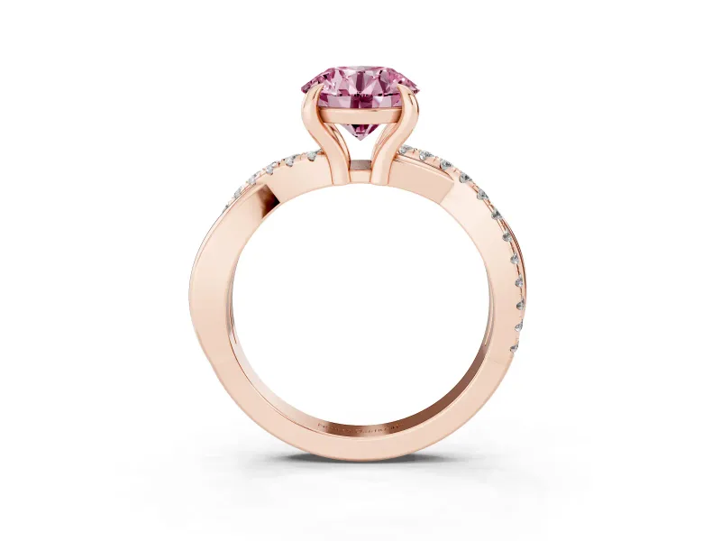 Fancy Pink Round Cut Diamond Twist Band Solitaire Set in Rose gold with Pavé Accents and Prong Setting