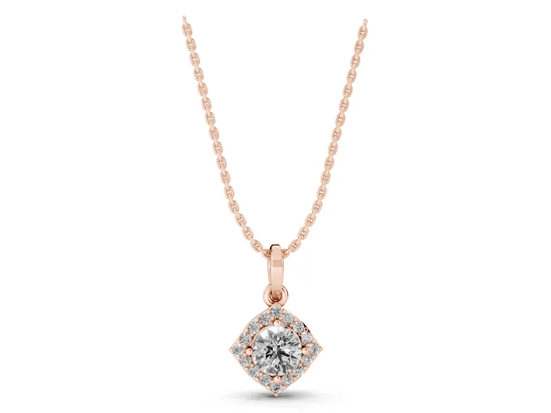 Round Lab-Grown Diamond On-Point Halo Pendant Necklace | Curved-Side Frame | Rose Gold