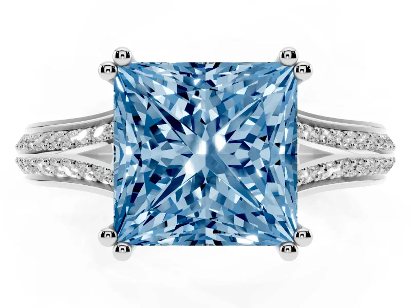 Princess Cut Pave Split Shank Engagement Ring Setting for a Fancy Blue Lab-Grown Diamond | Double Claw Prongs | Platinum