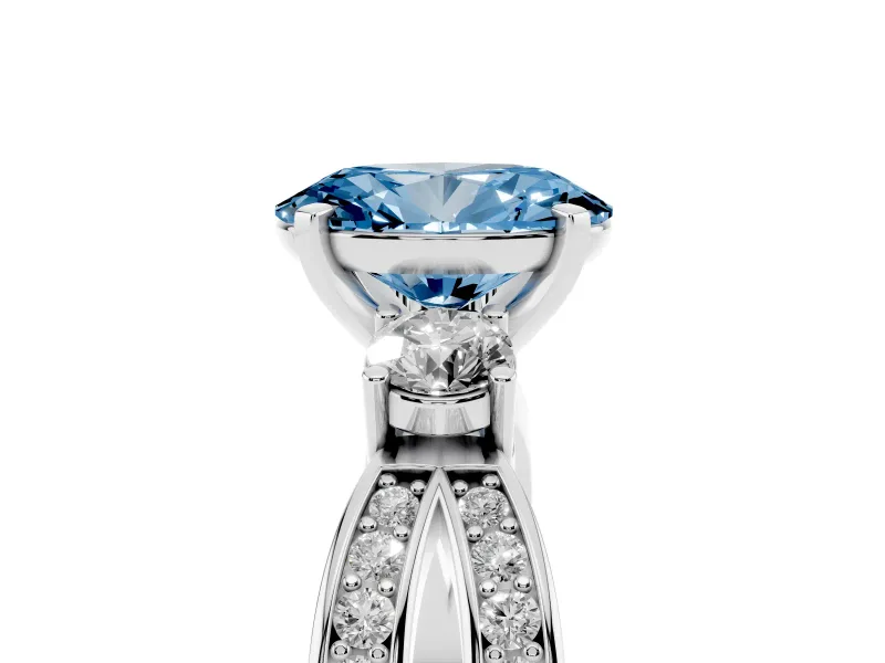 Fancy Blue Three-Stone Oval Cut Diamond Twist Band Ring Set in White gold with Pavé Accents and Prong Setting