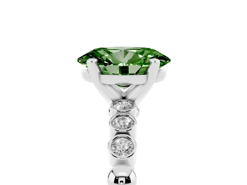 Fancy Green Oval Cut Diamond Solitaire Engagement Ring Set in White gold with Bezel Accents on Beaded Band