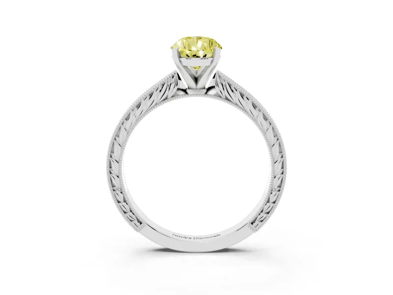 Fancy Yellow Pear Cut Diamond Solitaire Milgrain Engraved Band Set in Silver with Prong Setting